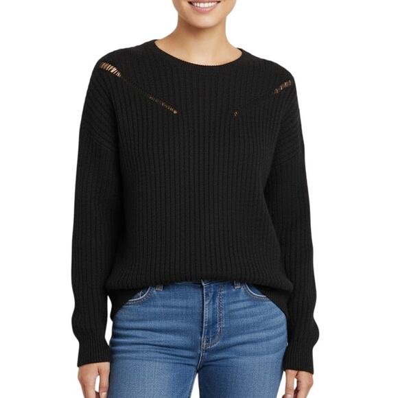 One Grey Day Miles Pullover Sweater Black Ribbed Distressed NWT Size Small - Picture 1 of 8